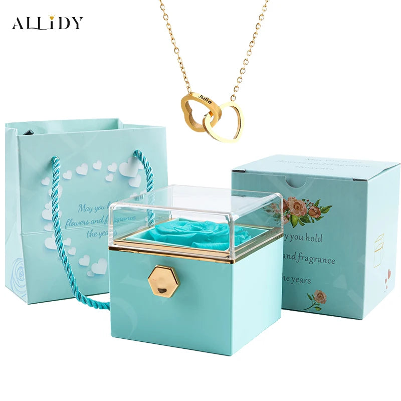 Custom Double Heart Engraved Name Necklace - Eternal Rose Box