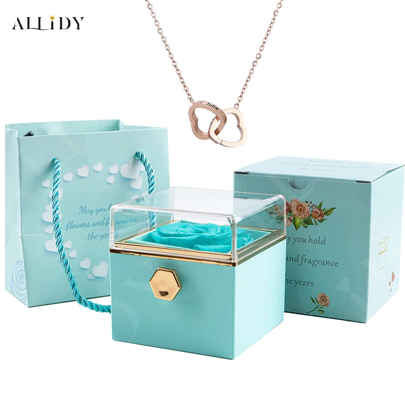 Custom Double Heart Engraved Name Necklace - Eternal Rose Box