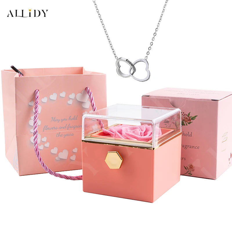 Custom Double Heart Engraved Name Necklace - Eternal Rose Box