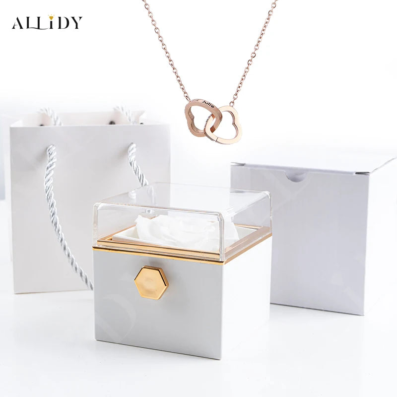 Custom Double Heart Engraved Name Necklace - Eternal Rose Box