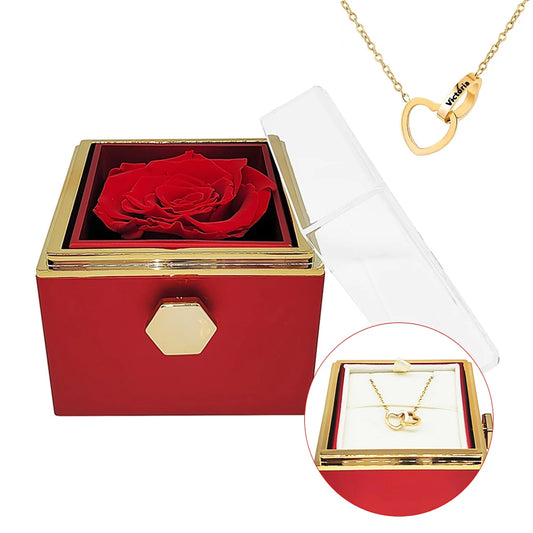 Custom Double Heart Engraved Name Necklace - Eternal Rose Box