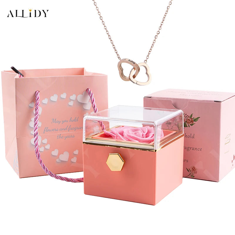 Custom Double Heart Engraved Name Necklace - Eternal Rose Box