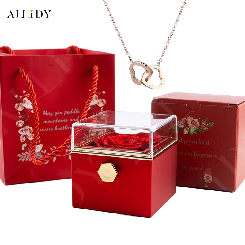Custom Double Heart Engraved Name Necklace - Eternal Rose Box