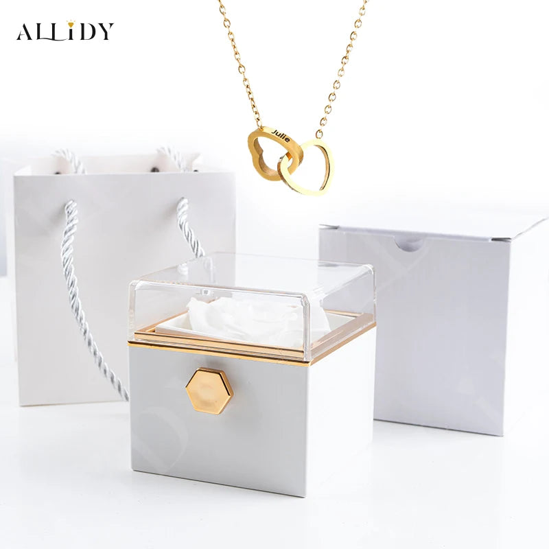 Custom Double Heart Engraved Name Necklace - Eternal Rose Box