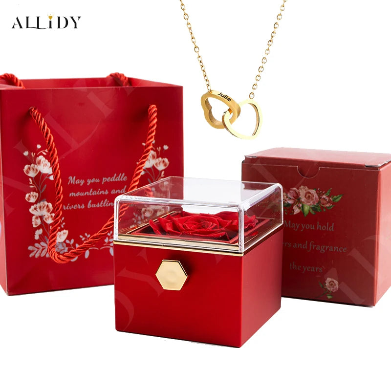 Custom Double Heart Engraved Name Necklace - Eternal Rose Box