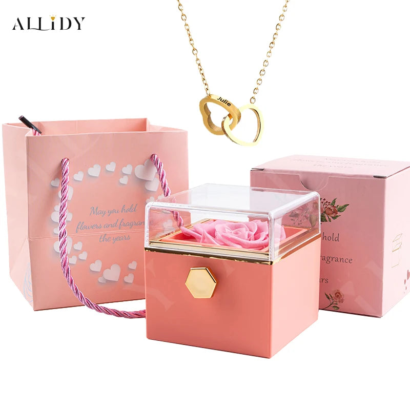 Custom Double Heart Engraved Name Necklace - Eternal Rose Box